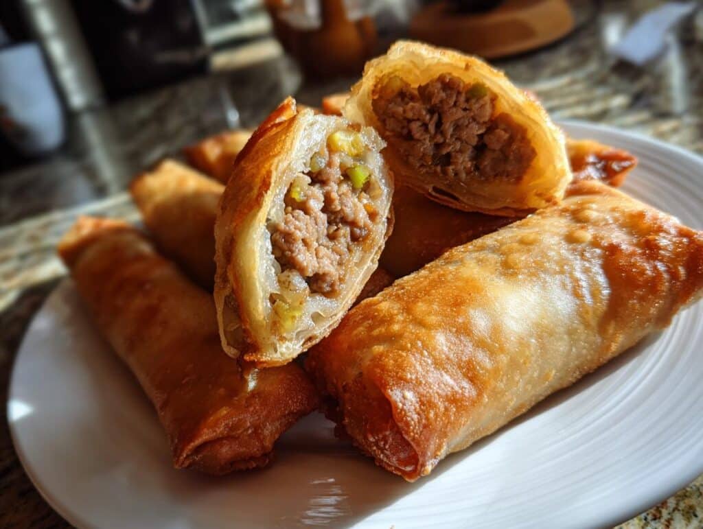 Close-up of crispy, golden-brown traditional filipino lumpia on a white plate, with one cut open to show the savory meat filling.