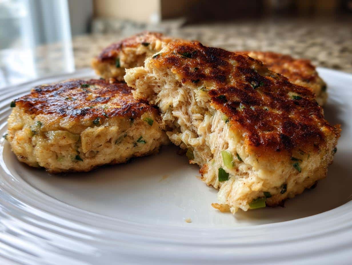 Close-up of golden-brown tuna cakes on a white plate, one broken open to show the flaky interior. This is a tuna cakes recipe.