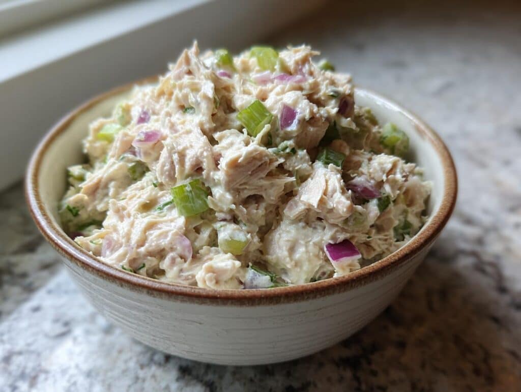 A close-up of a bowl filled with creamy tuna salad recipe, featuring chunks of tuna, red onion, and celery.