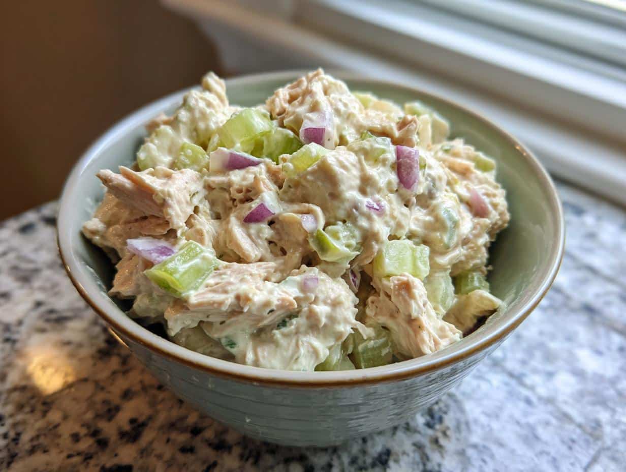 A close-up of a bowl filled with creamy tuna salad recipe, featuring chunks of tuna, celery, and red onion.