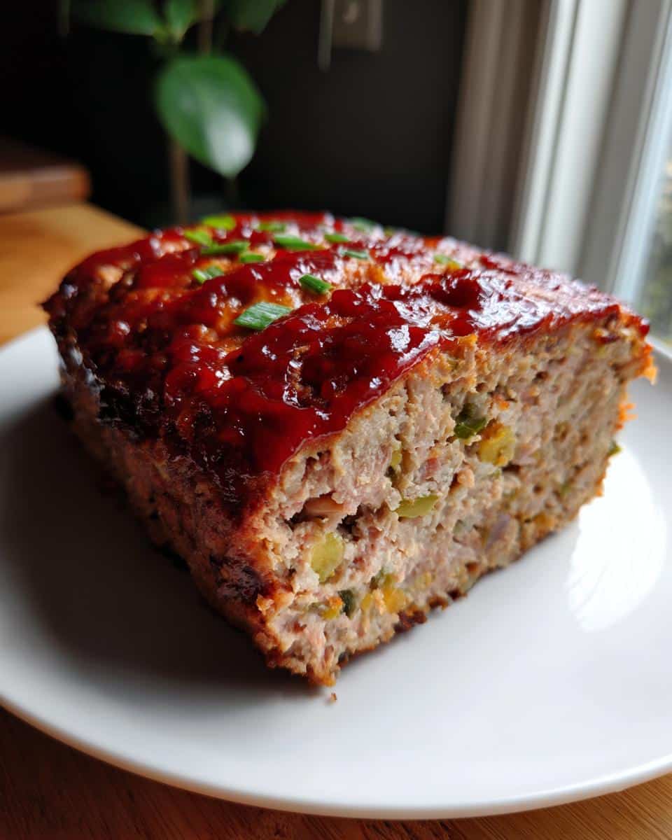 A close-up of a slice of Turkey Meatloaf on a white plate, topped with a glossy red glaze and green onions.