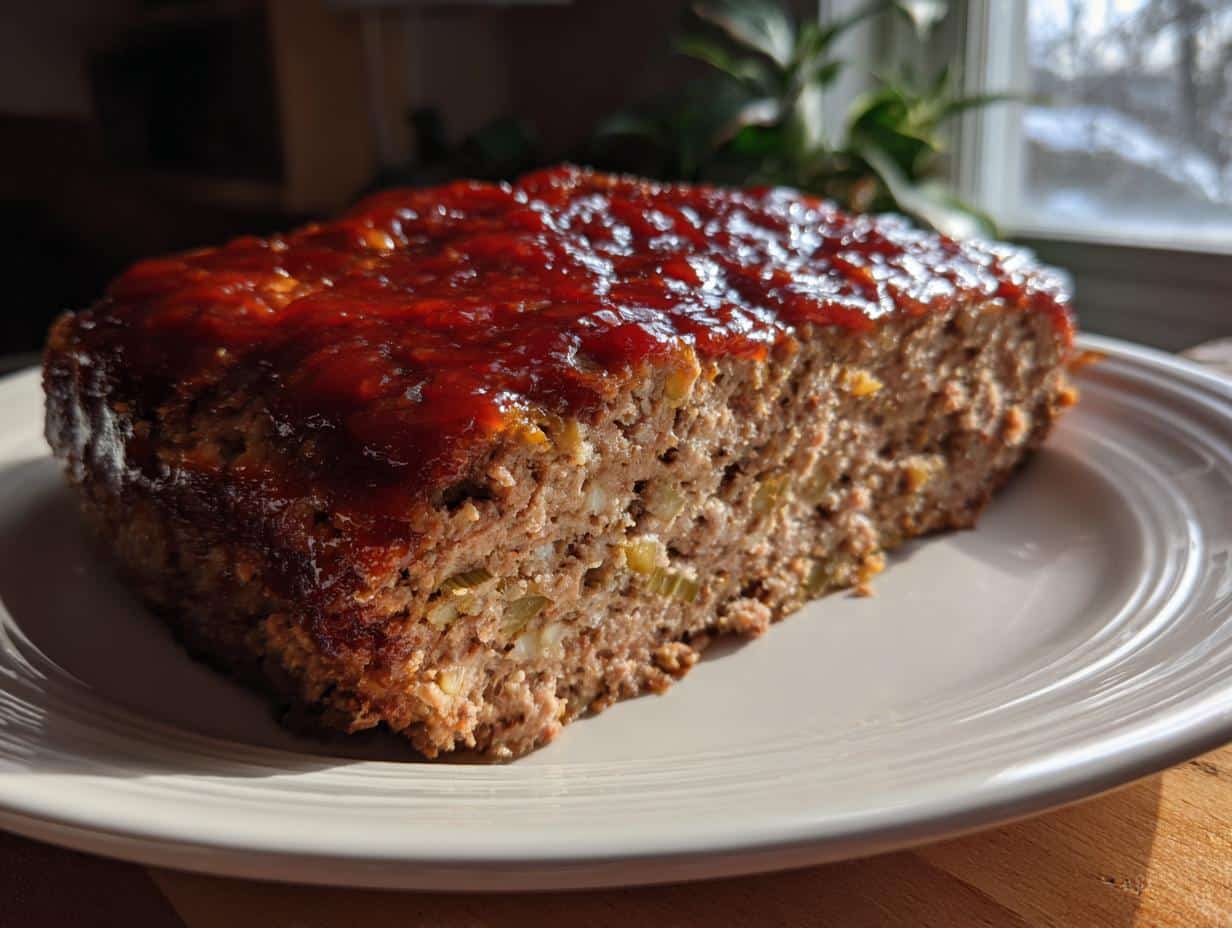 A close-up of a generous slice of Turkey Meatloaf on a white plate, topped with a shiny red glaze.