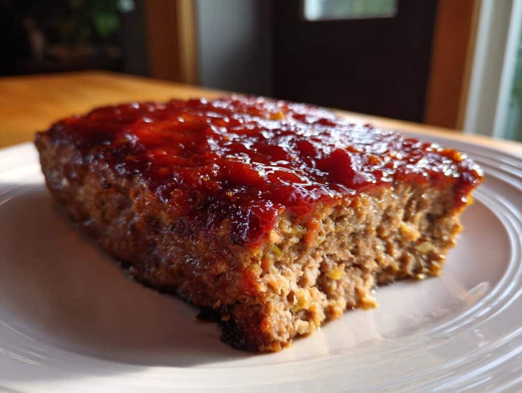 Close-up of a slice of Turkey Meatloaf on a white plate, topped with a shiny red glaze and a bite taken out.