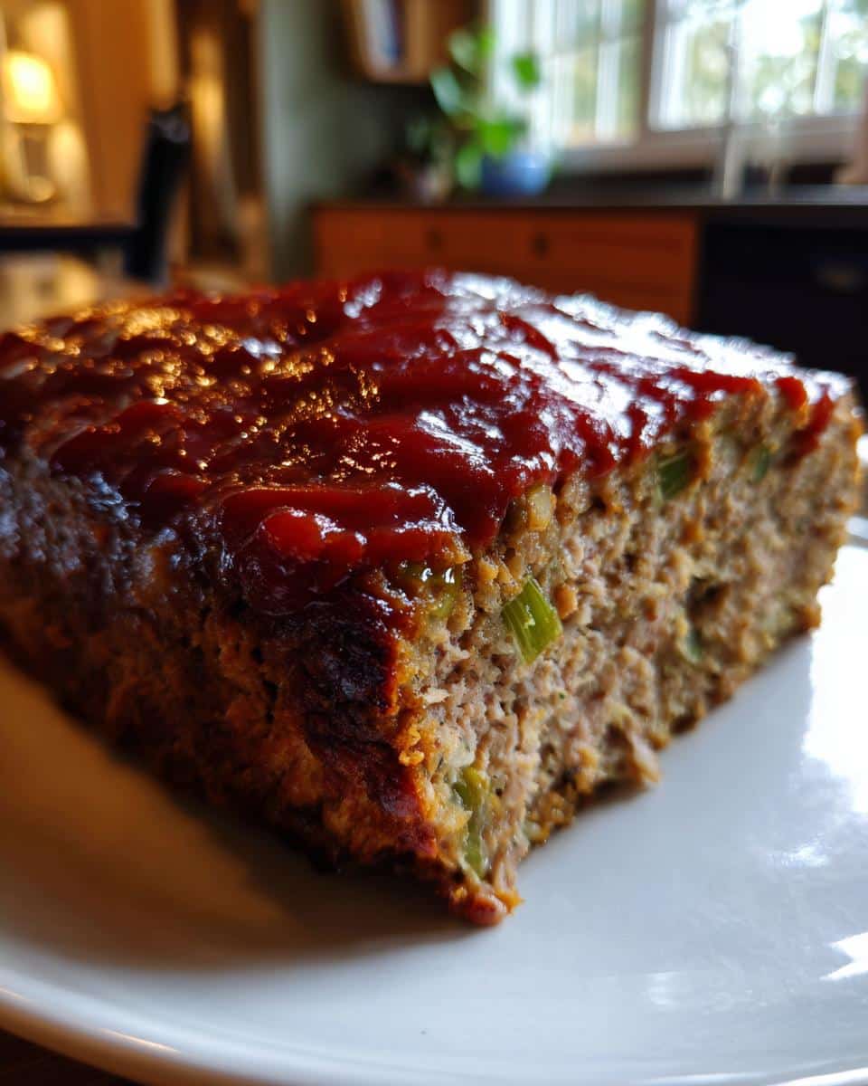Close-up of a generous slice of Turkey Meatloaf on a white plate, topped with a shiny red ketchup glaze.