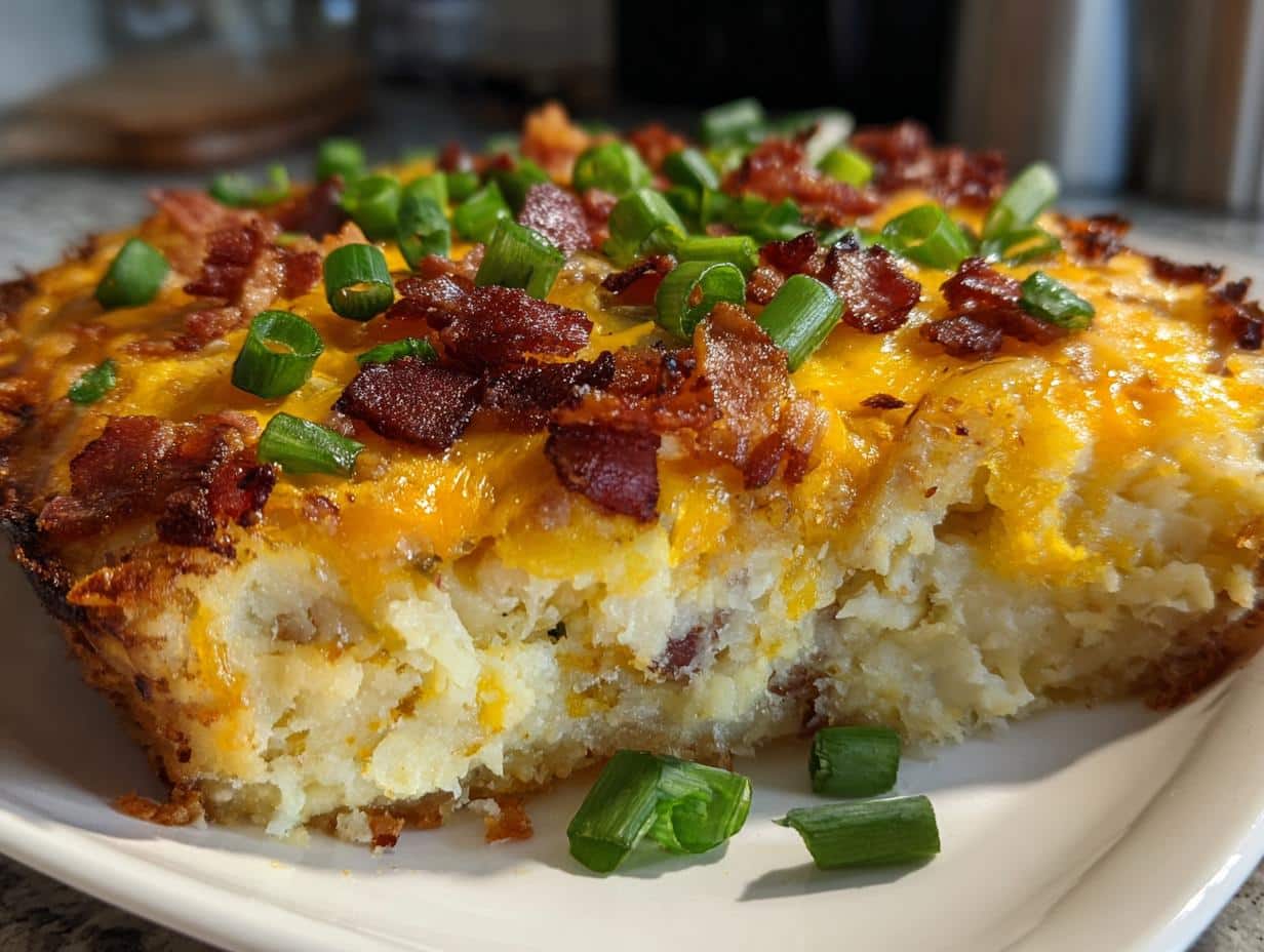 A close-up of a golden-brown twice baked potato casserole recipe, topped with melted cheese, crispy bacon bits, and fresh green chives.