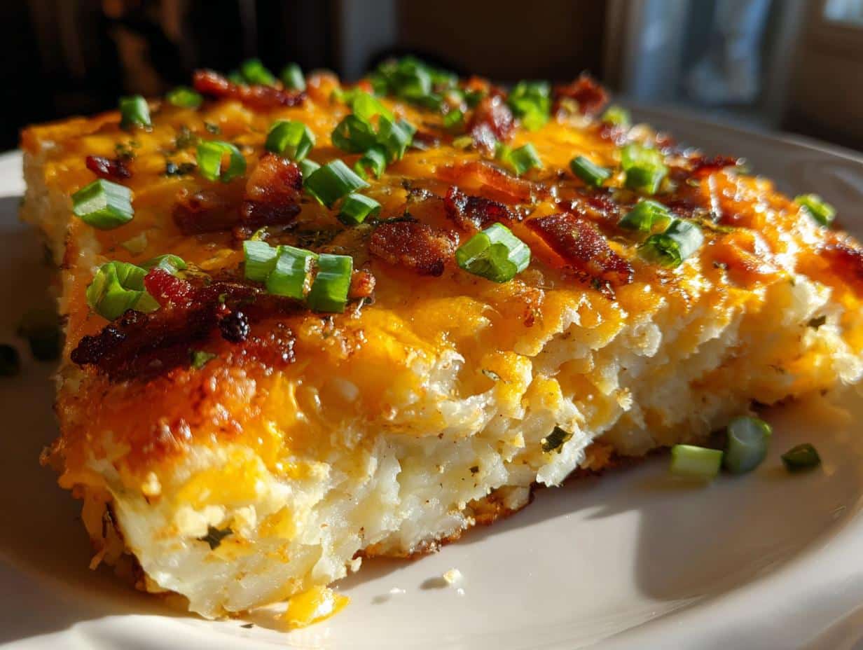 A close-up shot of a golden-brown slice of twice baked potato casserole recipe, topped with melted cheese, crispy bacon bits, and fresh green onions.