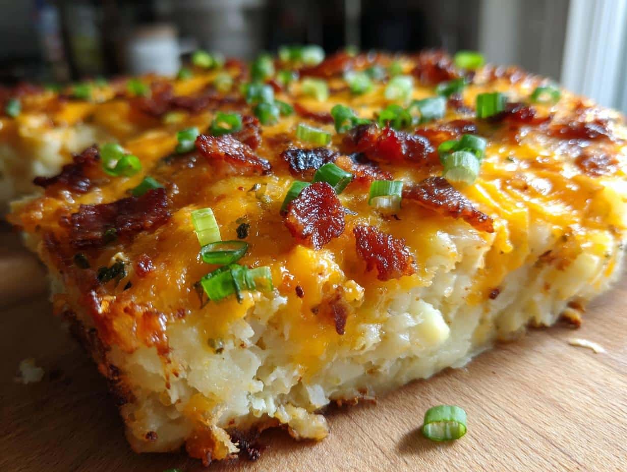 A close-up of a slice of golden-brown twice baked potato casserole recipe, topped with melted cheese, crispy bacon bits, and fresh green onions.