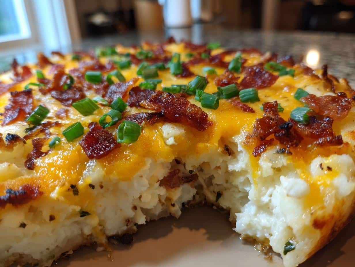 A close-up of a golden-brown twice baked potato casserole with a missing slice, topped with melted cheddar cheese, crispy bacon bits, and fresh green onions. This is a delicious twice baked potato casserole recipe.
