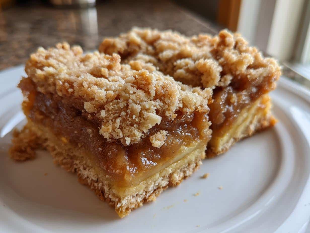 Two golden-brown Apple Crisp Bars with a crumbly topping and gooey apple filling on a white plate.