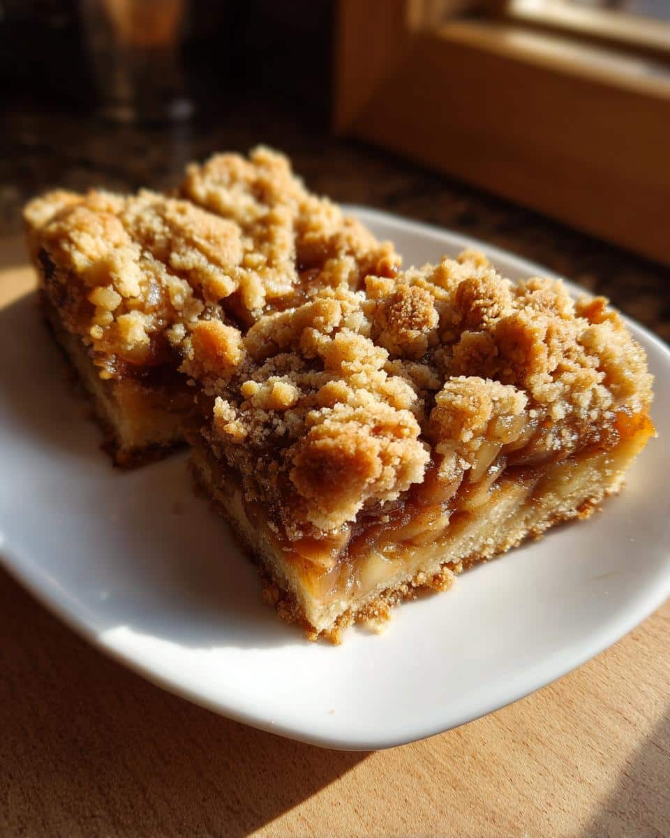 Two golden-brown Apple Crisp Bars with crumbly topping and visible apple filling on a white rectangular plate.
