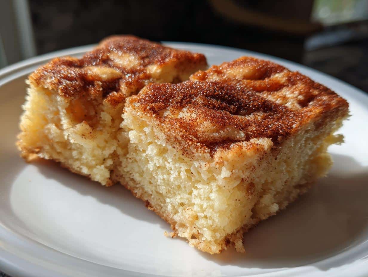 Two golden-brown Apple Snickerdoodle Bars with cinnamon sugar topping on a white plate, bathed in sunlight.