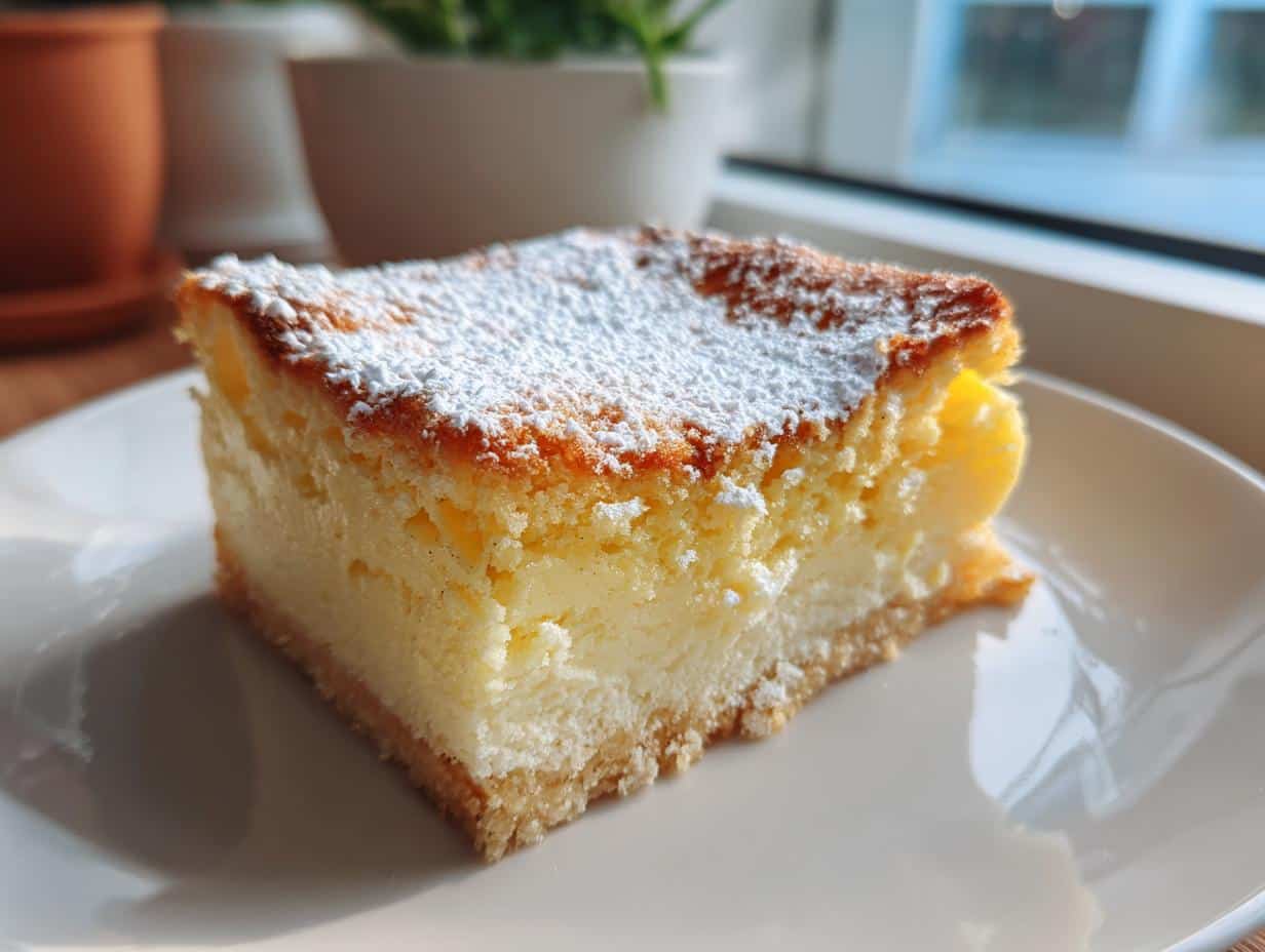 A close-up of a slice of Vanilla Magic Custard Cake on a white plate, dusted with powdered sugar.