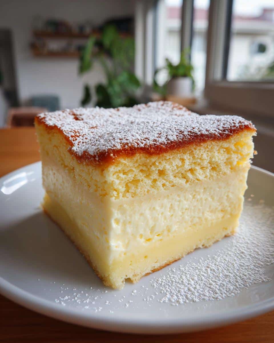 A close-up of a square slice of Vanilla Magic Custard Cake on a white plate, dusted with powdered sugar.