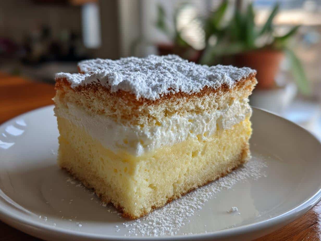 A close-up of a slice of Vanilla Magic Custard Cake on a white plate, topped with powdered sugar.