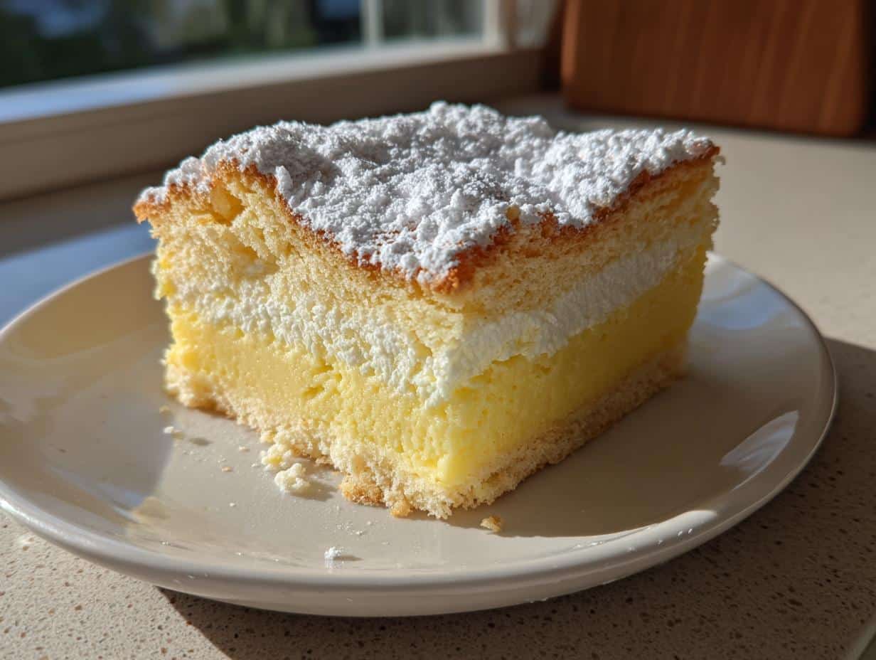A close-up of a single slice of Vanilla Magic Custard Cake on a white plate, topped with powdered sugar.