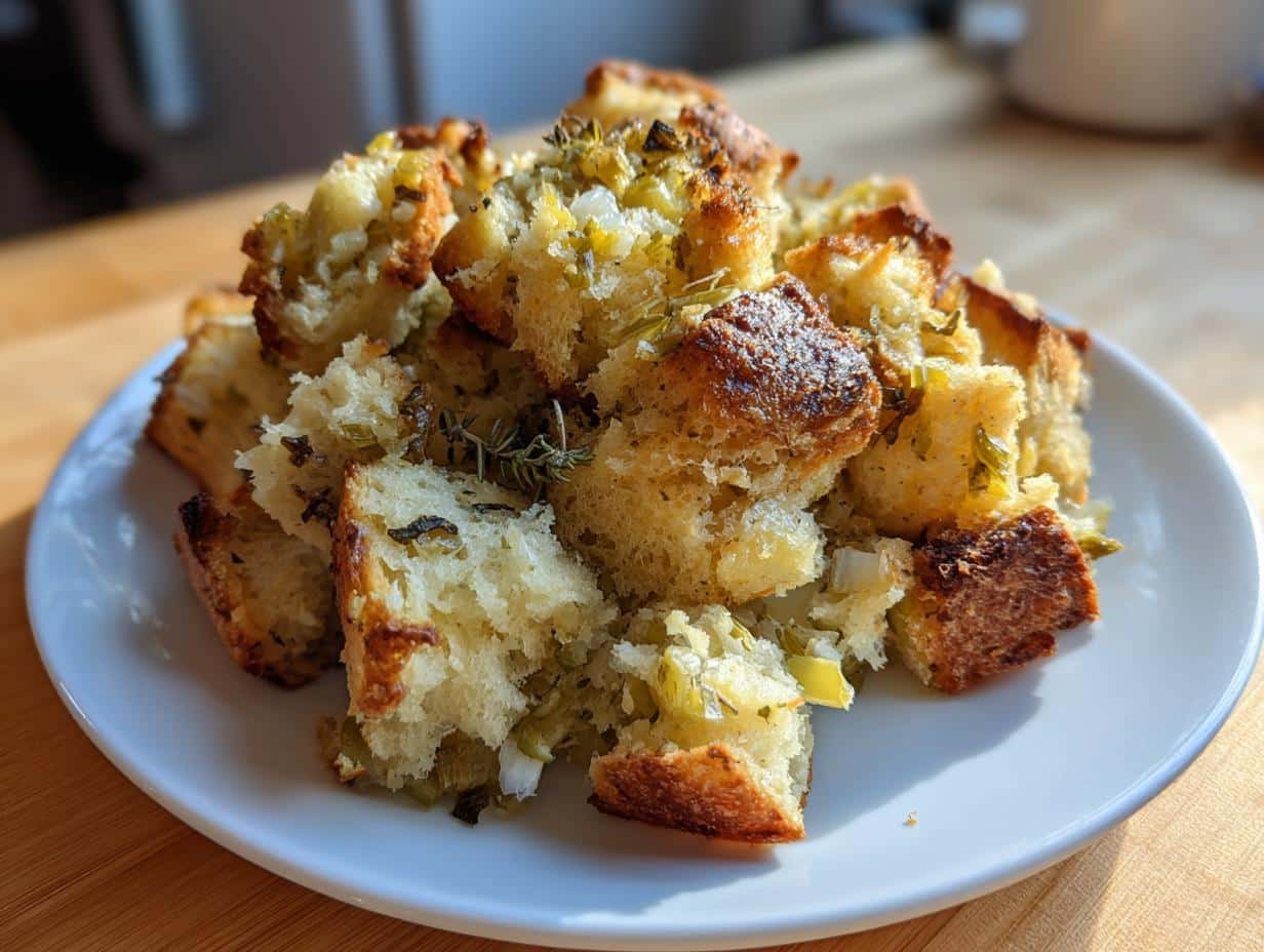 A close-up shot of a serving of golden-brown vegetarian stuffing recipe on a white plate, garnished with fresh herbs.