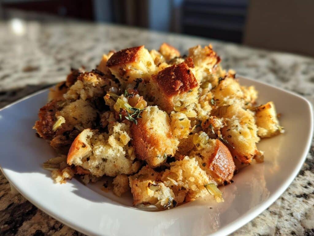 A close-up of a serving of golden-brown vegetarian stuffing recipe on a white plate, garnished with fresh herbs.