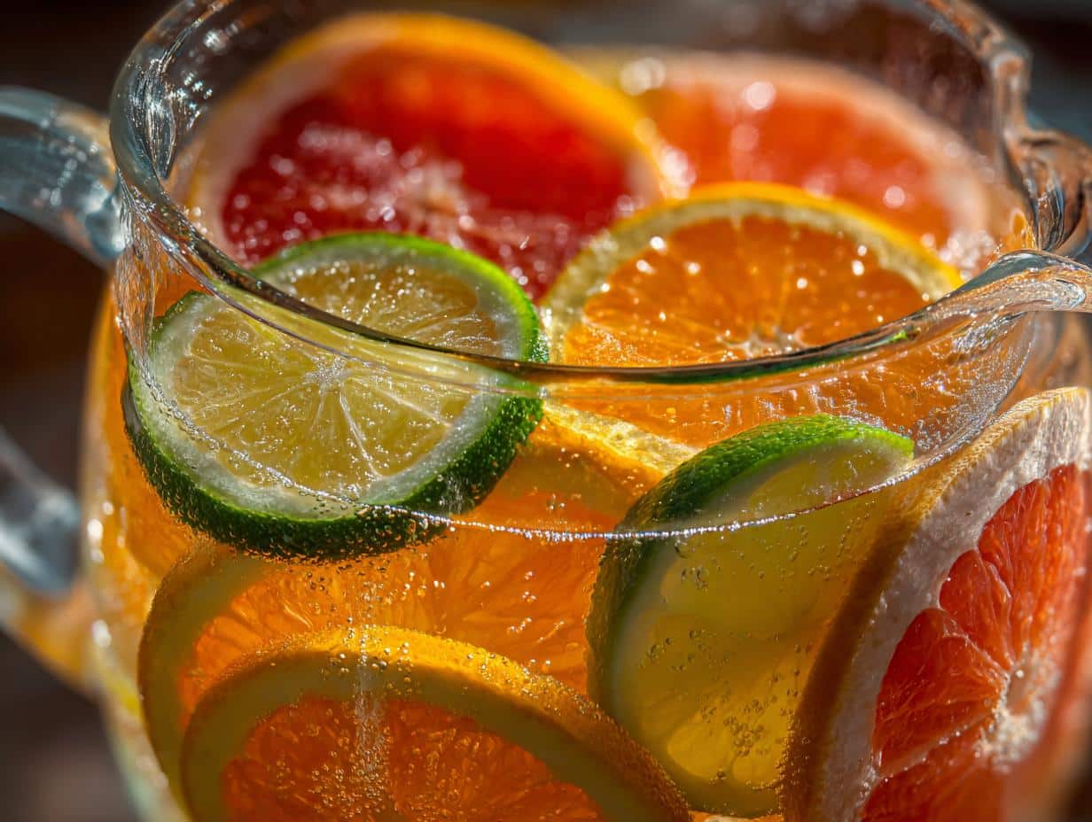 Close-up of a glass pitcher filled with refreshing Citrus Infused Water, featuring slices of orange, lime, and grapefruit.