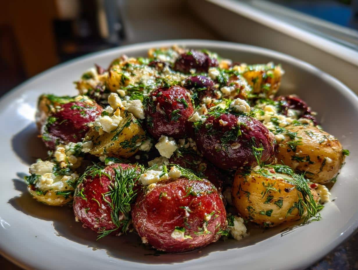 Close-up of a colorful mediterranean potato salad recipe with red and yellow potatoes, feta cheese, fresh dill, and olives.