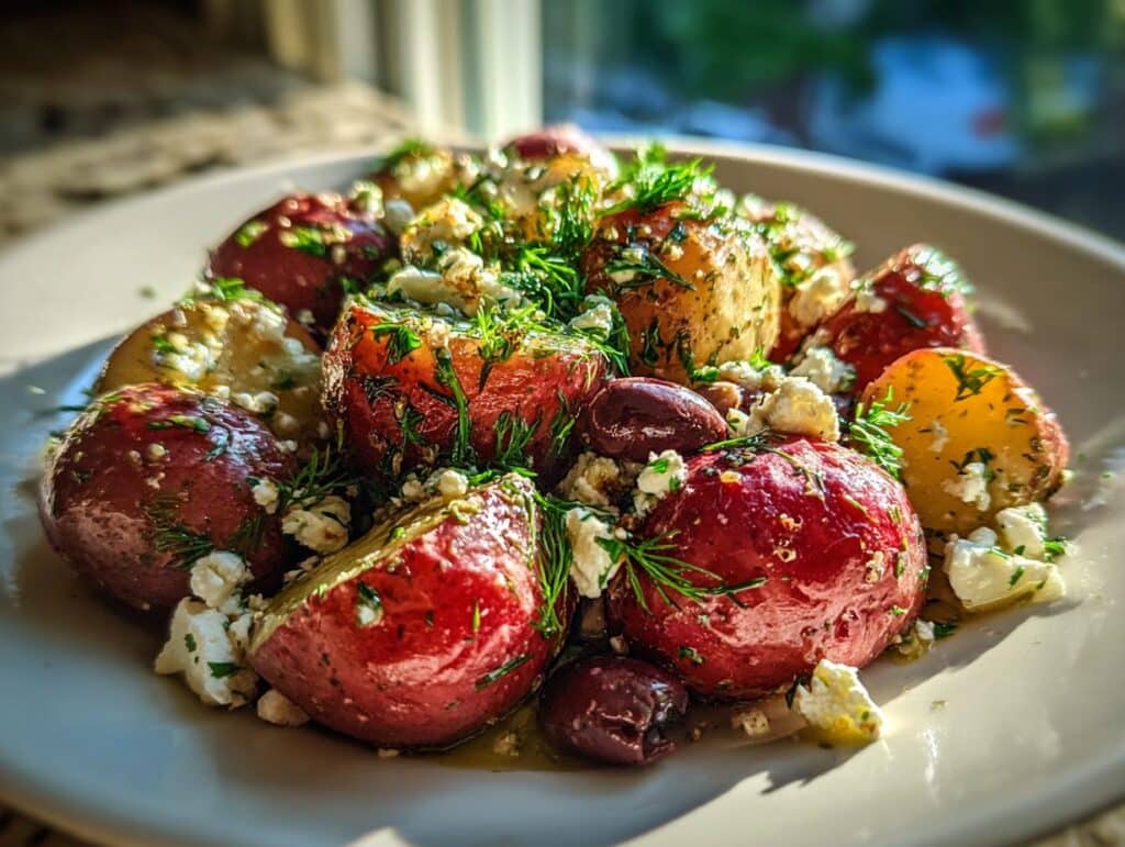 Close-up of a vibrant mediterranean potato salad featuring red and yellow potatoes, feta cheese, olives, and fresh dill.