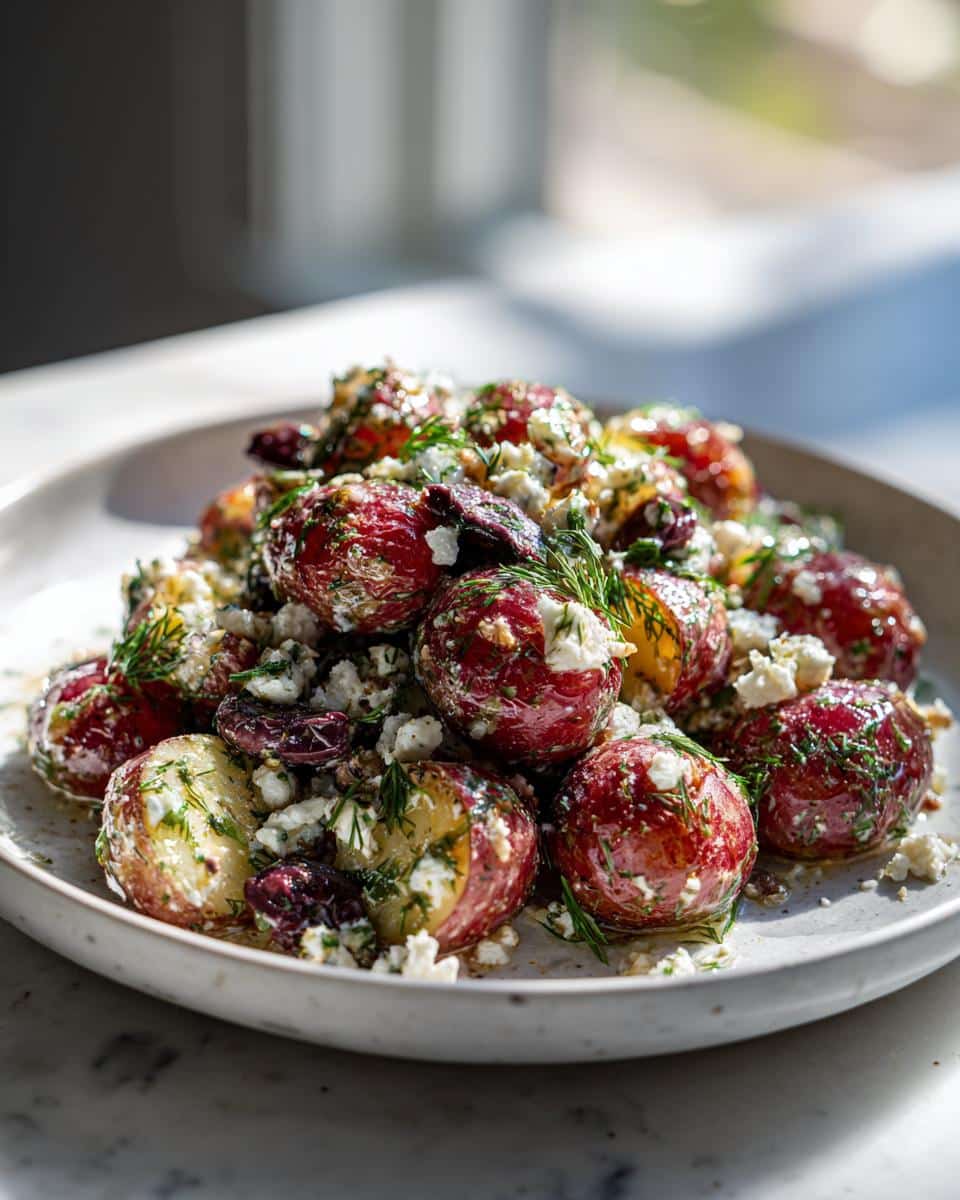 A close-up of a colorful mediterranean potato salad recipe featuring red potatoes, crumbled feta, Kalamata olives, and fresh dill.