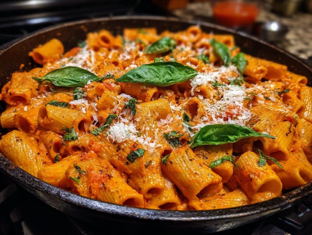 Close-up of Vodka Pasta (Spicy Rigatoni) in a pan, topped with basil and parmesan cheese.
