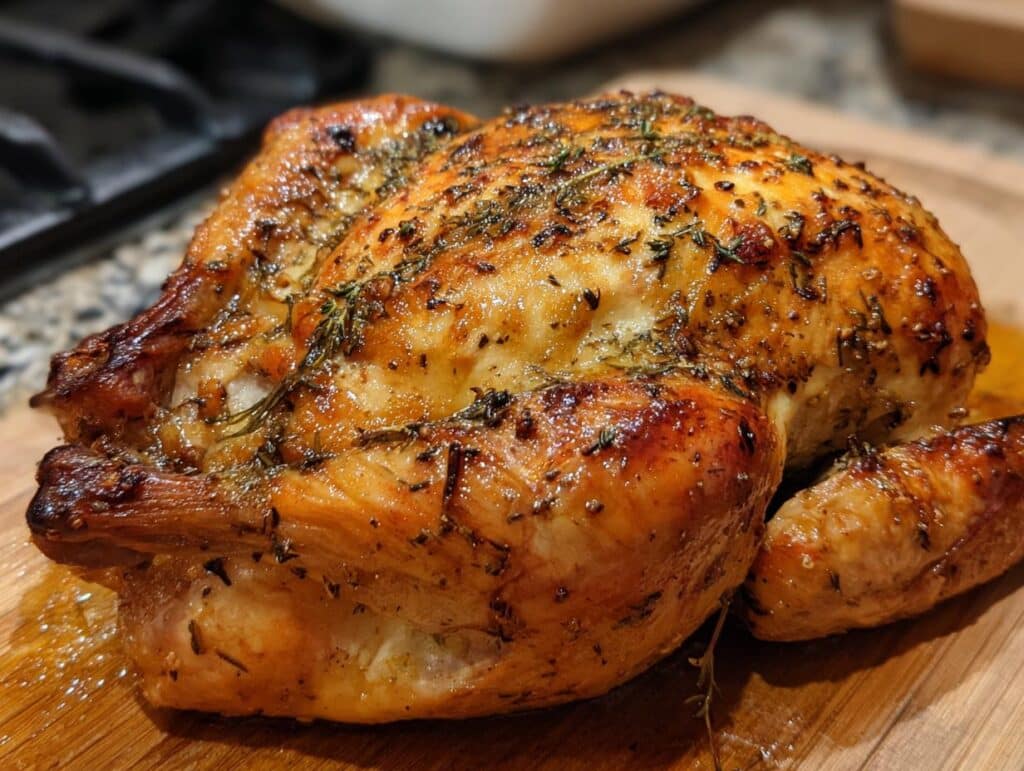 A perfectly roasted whole chicken, golden brown and garnished with fresh herbs, ready for an Easy Chicken with Boursin Sauce meal.