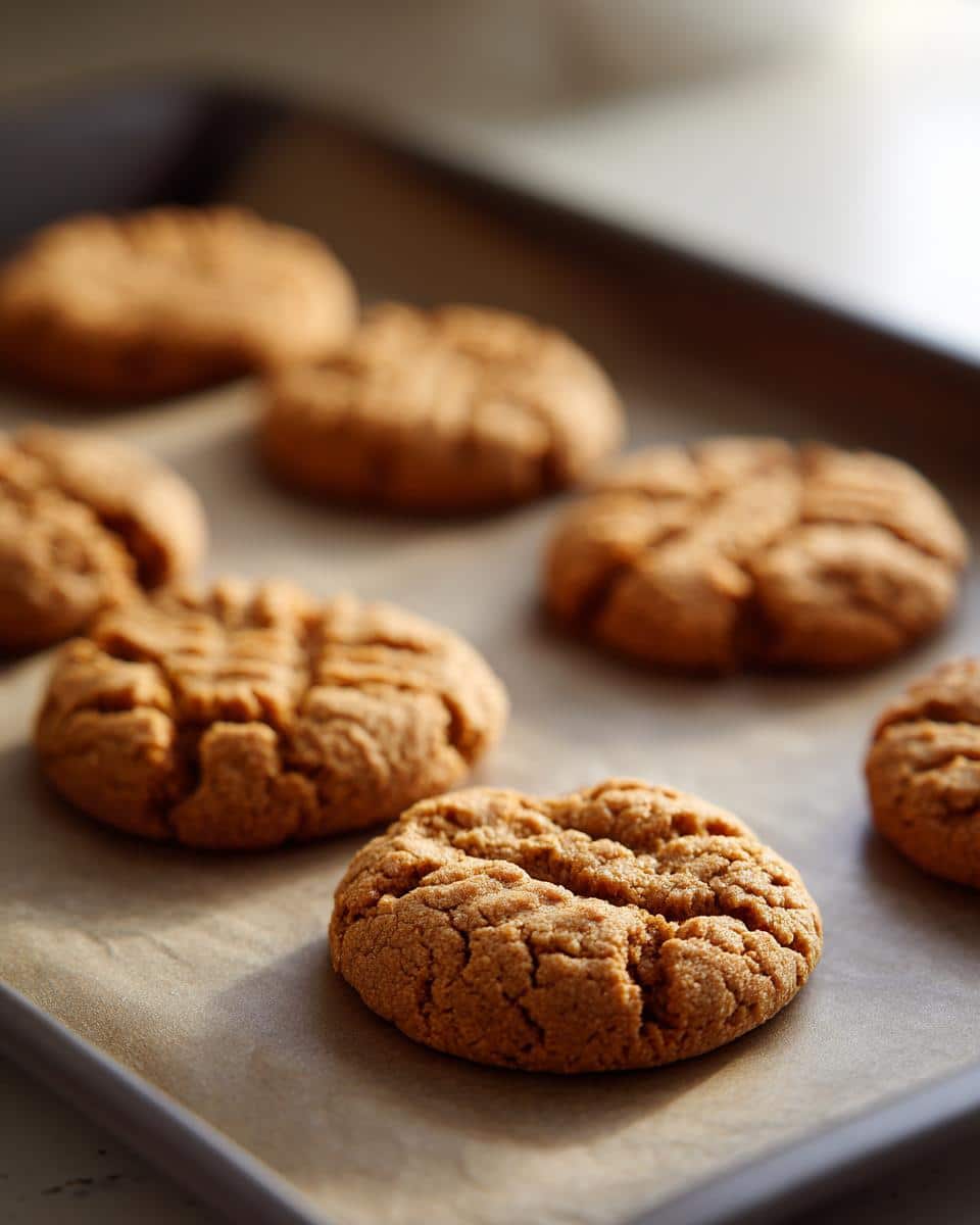 Close-up of freshly baked 3-ingredient peanut butter blossom cookies on a baking sheet.