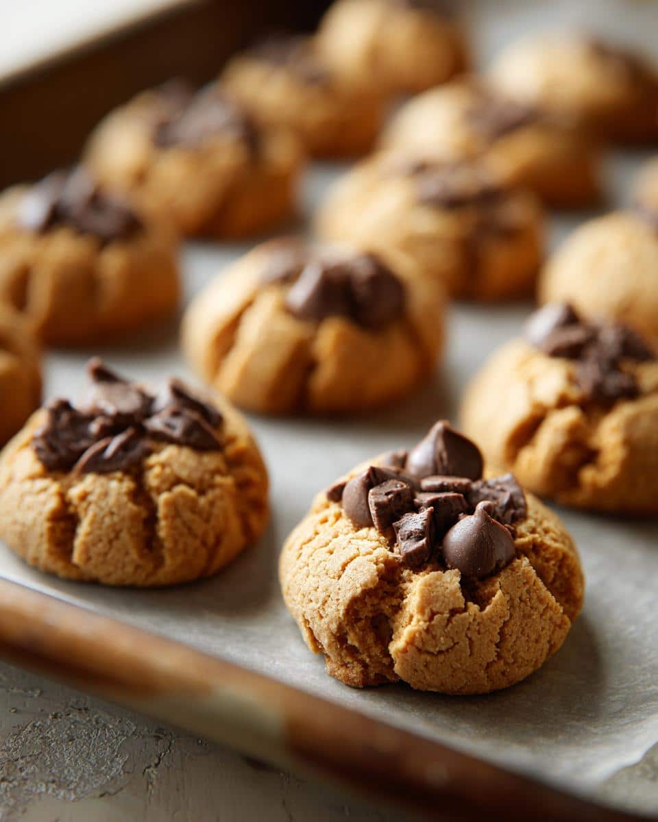 Close-up of 3-ingredient peanut butter blossom cookies on a baking sheet, topped with chocolate.
