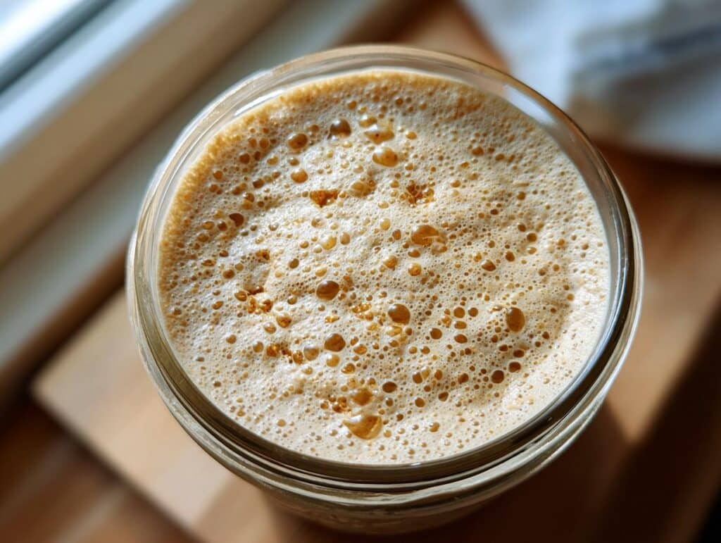 Overhead shot of bubbly active sourdough starter in a glass jar, ready for baking.