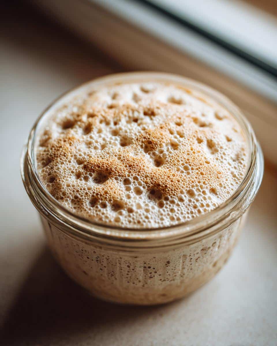 Close-up of a bubbly active sourdough starter in a glass jar, showing fermentation and readiness for baking.