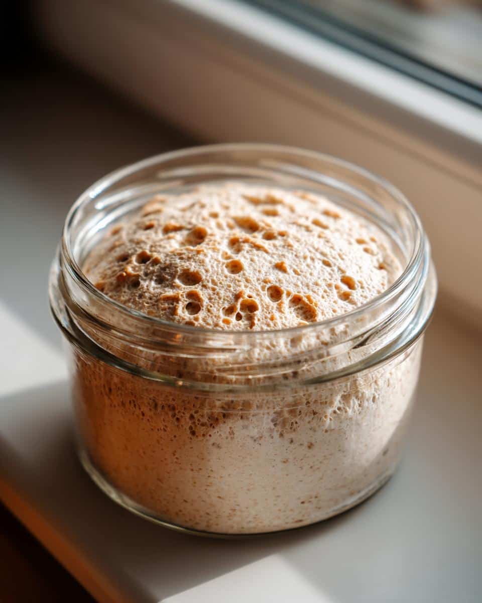 Close-up of a bubbly active sourdough starter in a glass jar, showing its rise and texture.