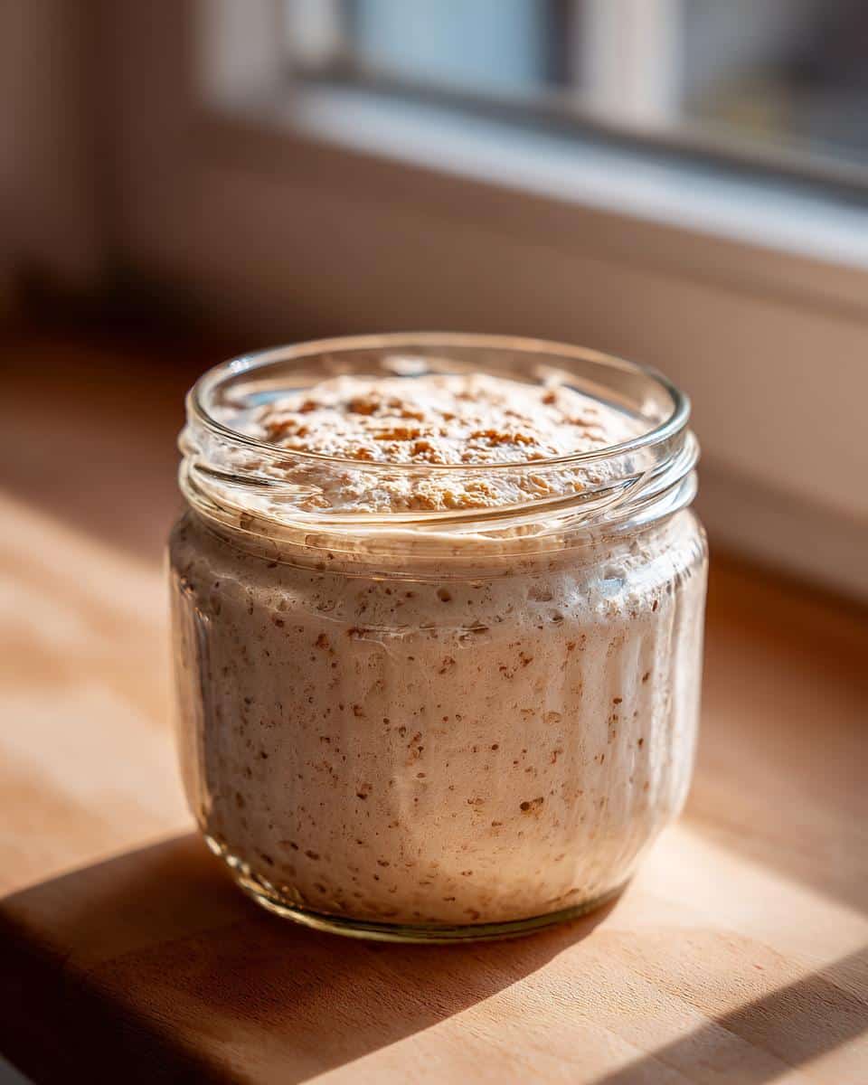 Close-up of a bubbly active sourdough starter in a glass jar on a wooden surface, ready for active sourdough starter recipes.