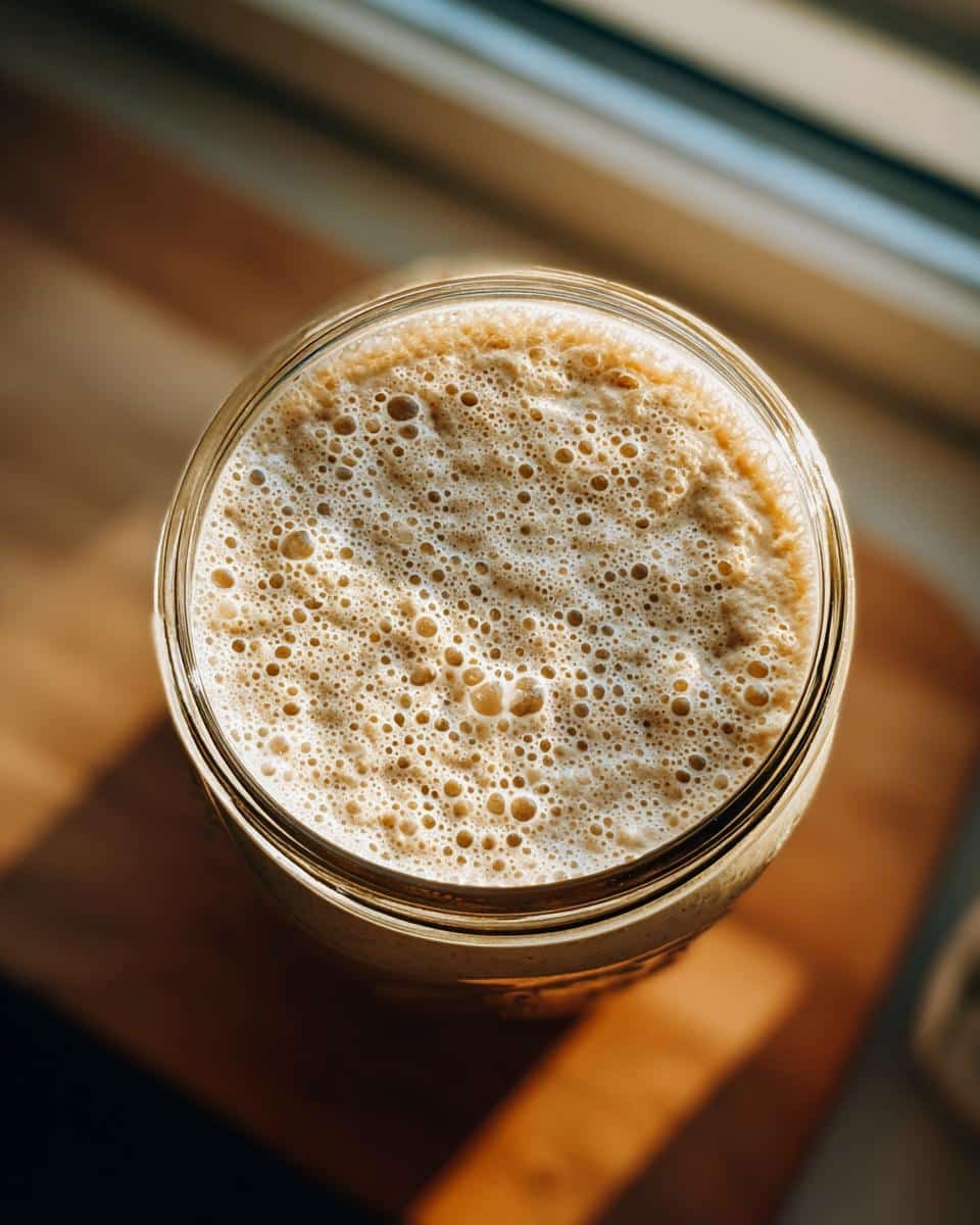 Overhead view of a bubbly active sourdough starter in a glass jar, showing fermentation bubbles.