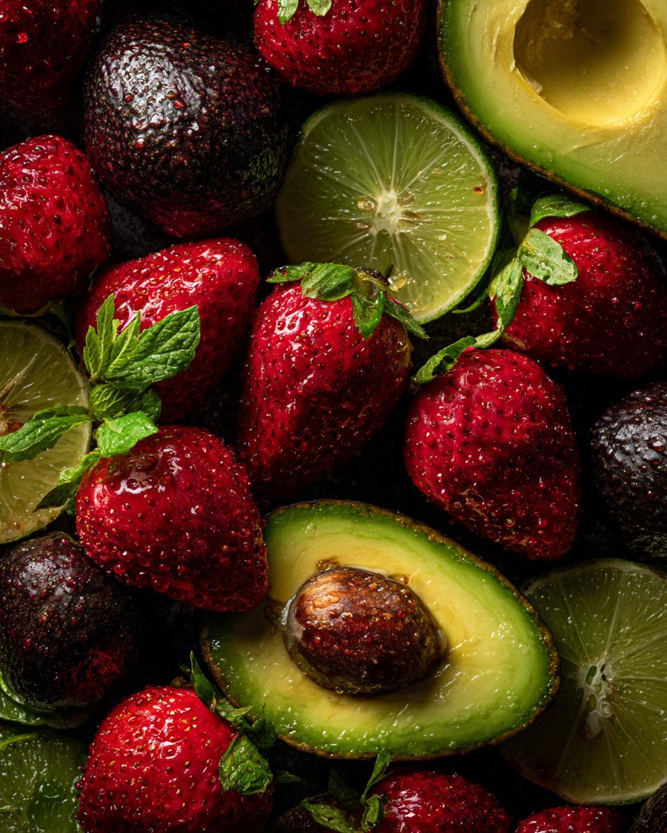Fresh avocados, limes, and strawberries, showcasing vibrant green foods for party celebrations.
