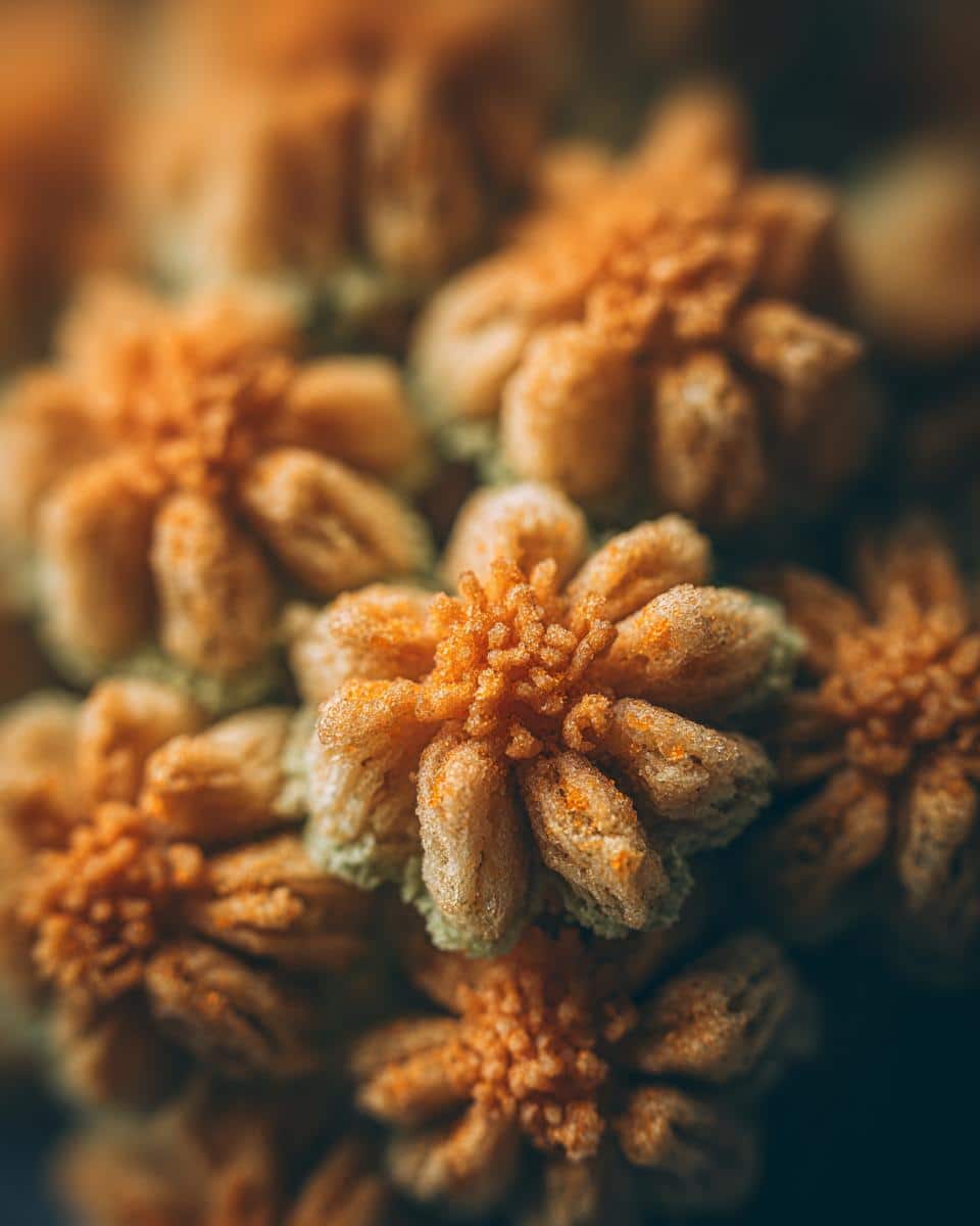 Detailed close-up of several baby in bloom cookies, shaped like flowers with orange centers.