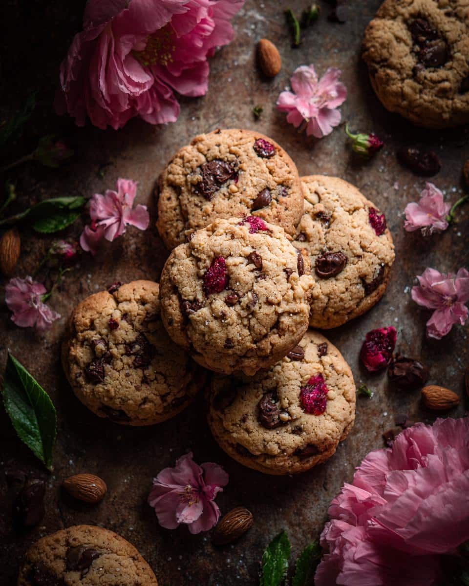 A stack of delicious baby in bloom cookies surrounded by pink flowers and almonds on a rustic surface.