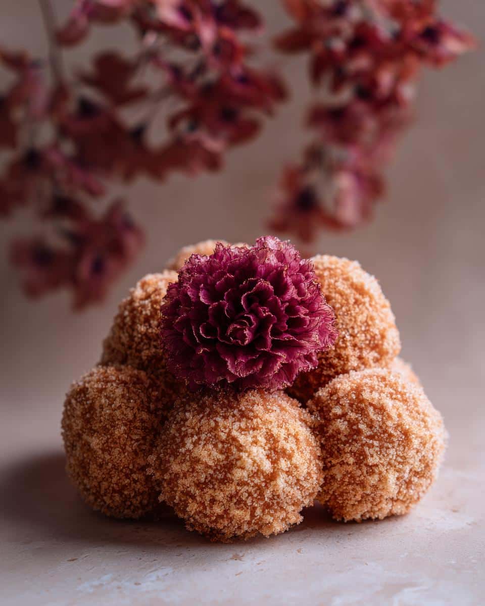 A stack of baby in bloom cookies topped with a dark pink flower, against a soft background.