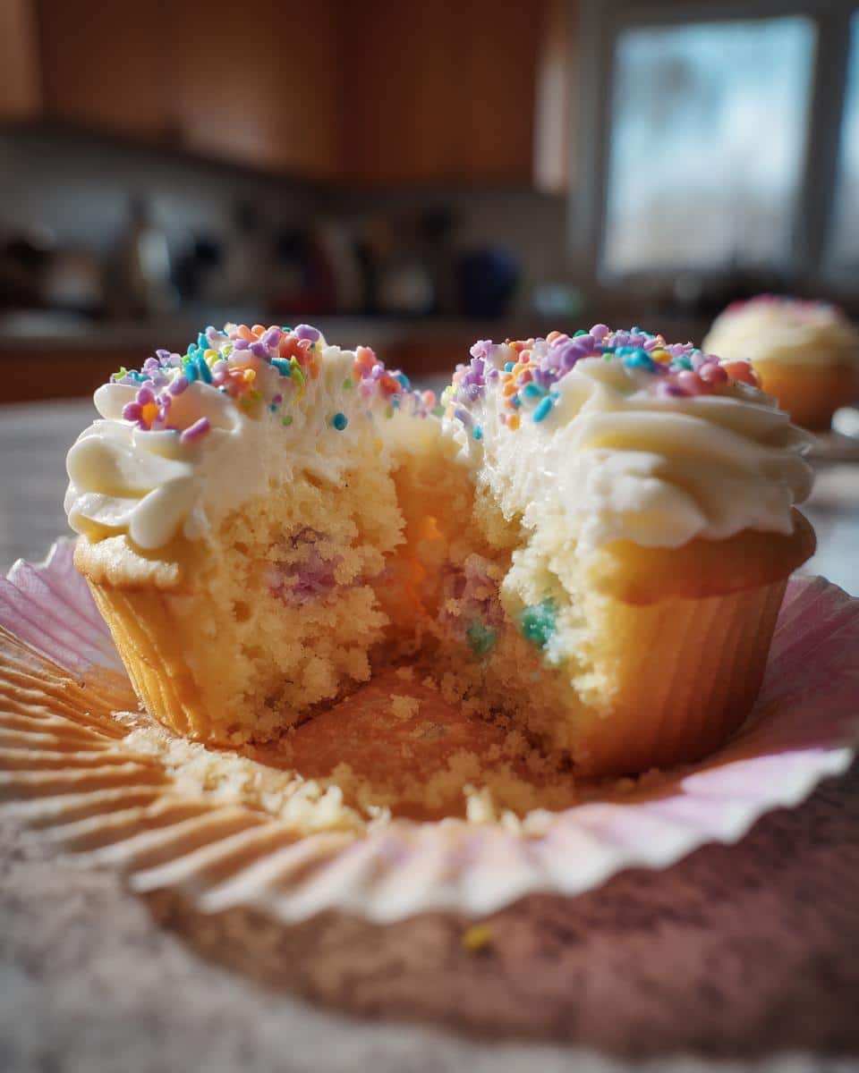 A cut open Baby in Bloom cupcake with white frosting and colorful sprinkles reveals a confetti-filled interior.