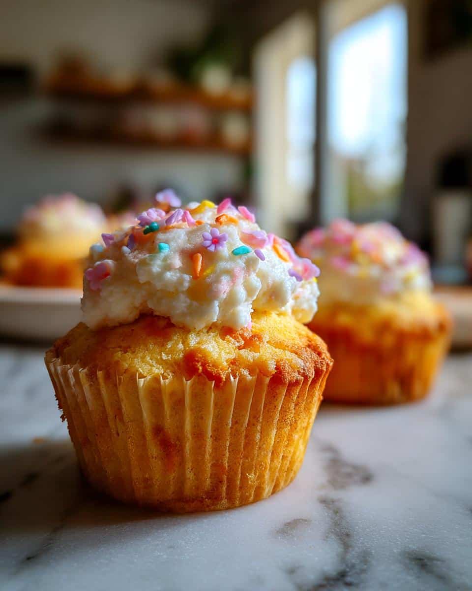 Close-up of baby in bloom cupcakes with white frosting and colorful floral sprinkles on a marble surface.