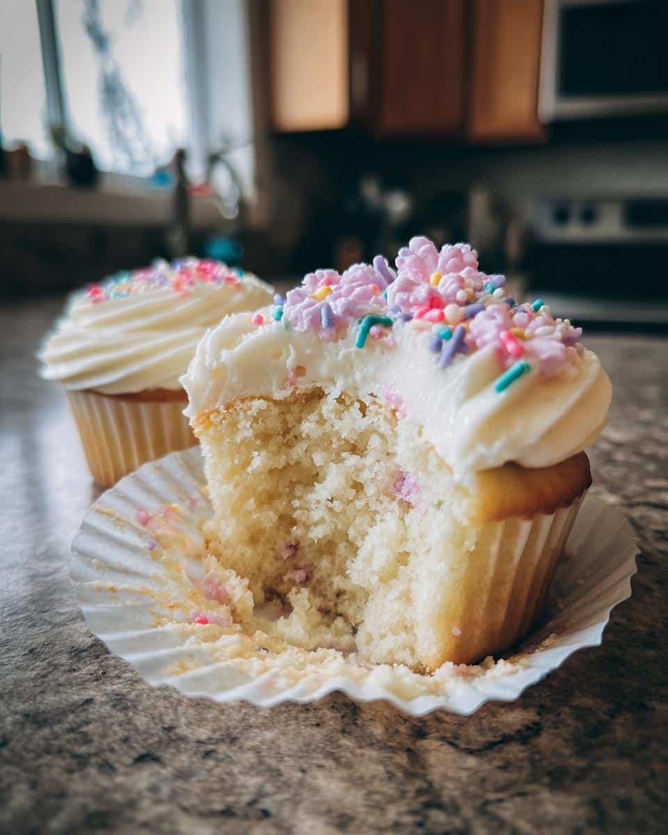 Close-up of a Baby in Bloom cupcake with white frosting, flower sprinkles, and a bite taken out.