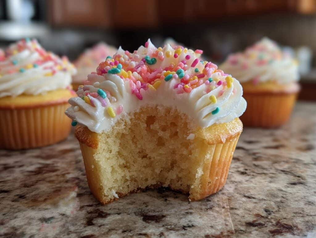 Close-up of a partially eaten baby in bloom cupcake with white frosting and colorful sprinkles.
