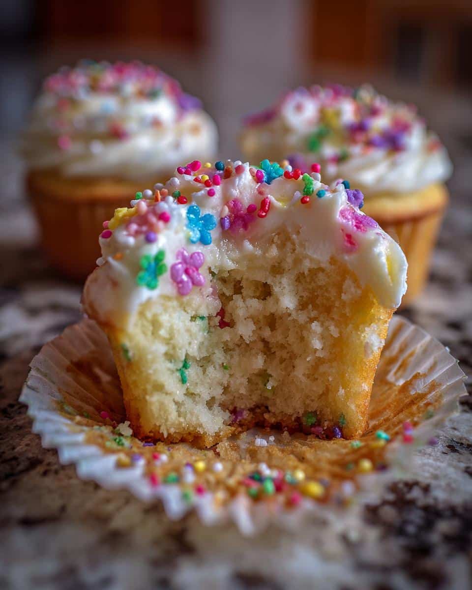 Close-up of a baby in bloom cupcakes, partially eaten, showing the soft interior and flower-shaped sprinkles on the frosting.