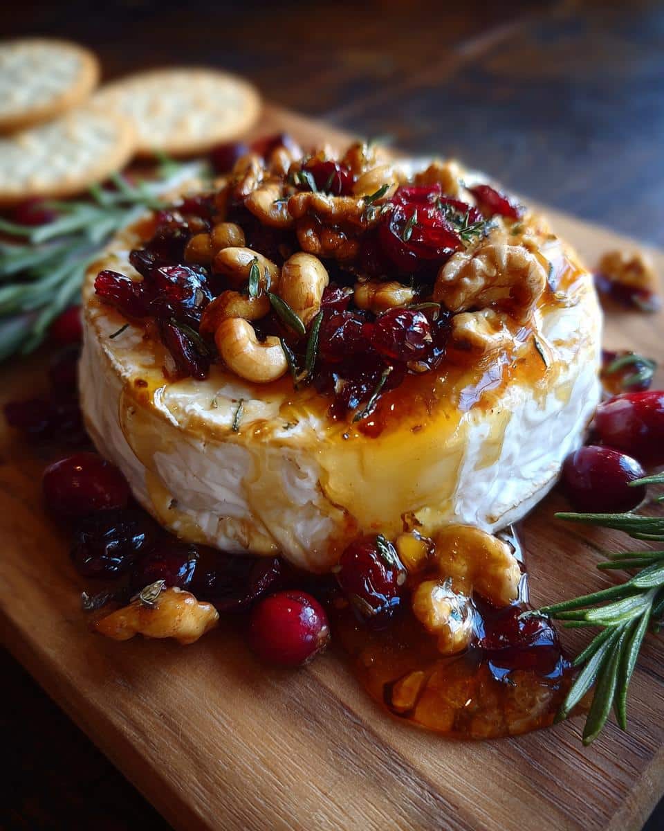 Close-up of baked brie cheese topped with cranberries, cashews, walnuts, and rosemary on a wooden board.