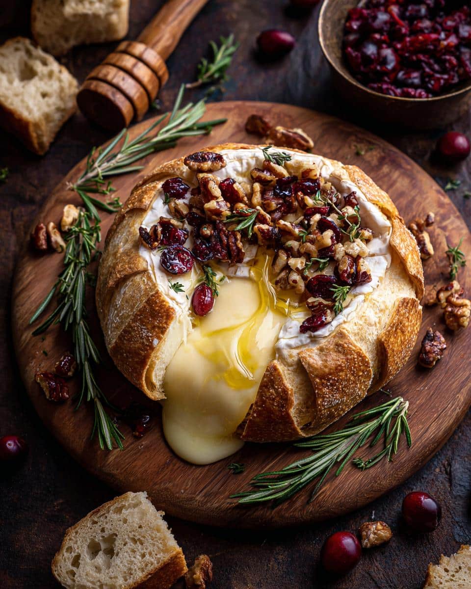 Overhead shot of baked brie cheese in a bread bowl, topped with cranberries and nuts, oozing melted cheese.