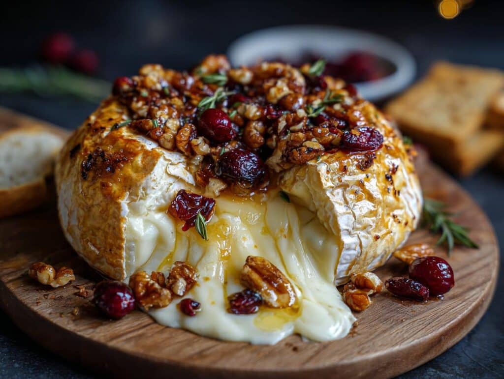 Melted brie cheese baked and topped with cranberries and walnuts, served on a wooden board.