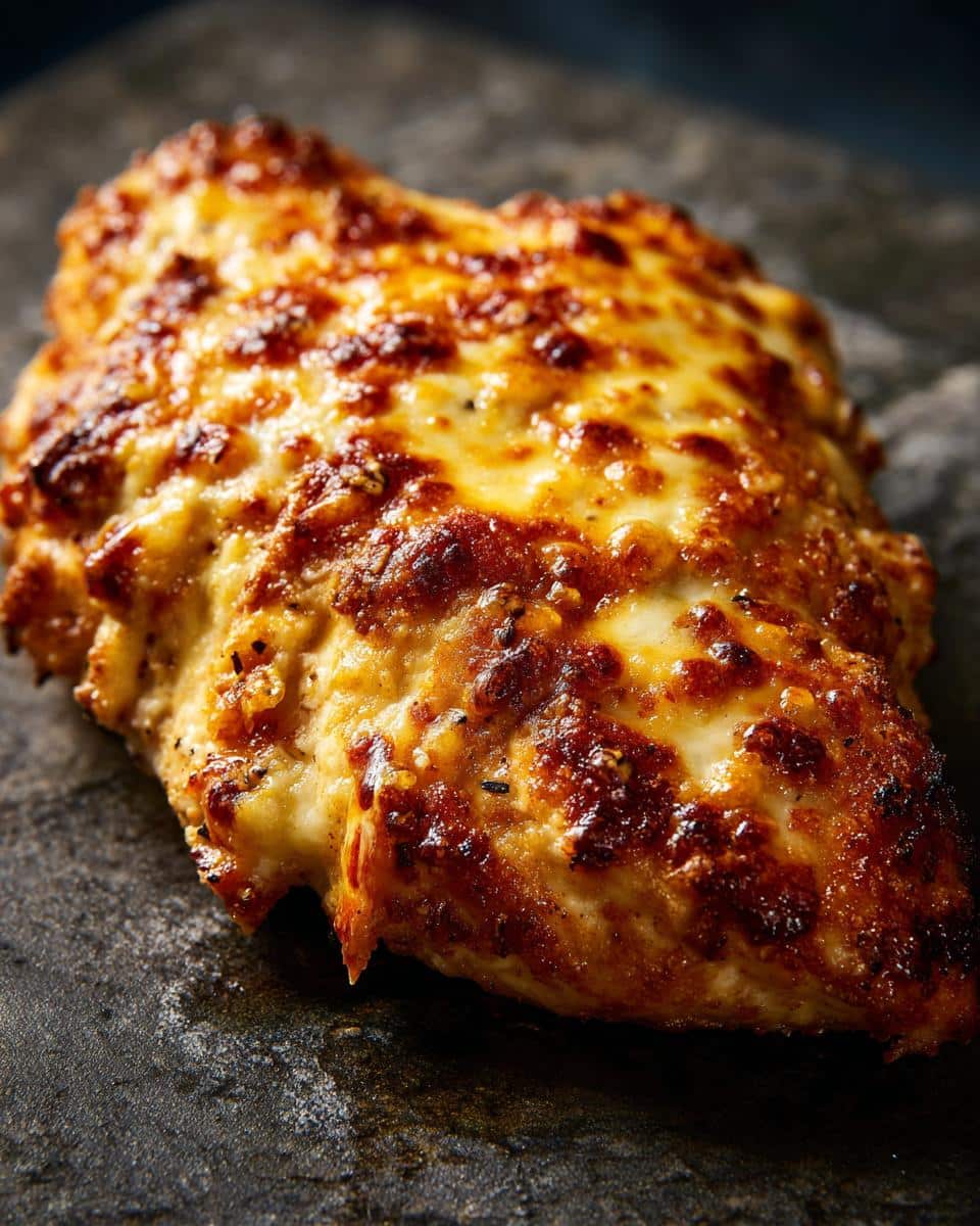 Close-up of a golden-brown baked chicken breast recipe, topped with melted cheese.