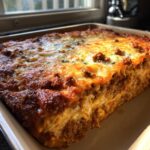 A close-up of baked mostaccioli with melted cheese and meat sauce in a baking dish, ready to serve.