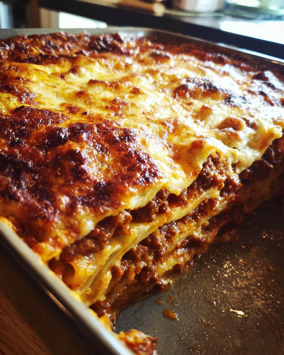 Close-up of baked mostaccioli layers with pasta, meat sauce, and melted cheese in a baking pan.