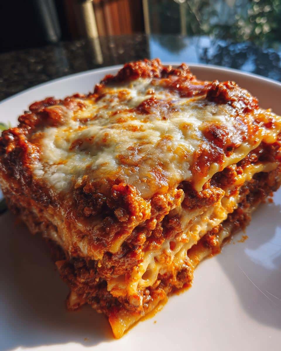 A delicious slice of baked mostaccioli with layers of pasta, meat sauce, and melted cheese.